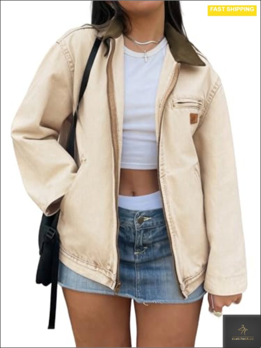 Women's Cropped Barn Denim Jean Jacket Zip Up Casual Lightweight Cotton